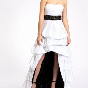 Sherri Hill White Strapless Ruffle High Low Gown Black Sequin Belt Size 4